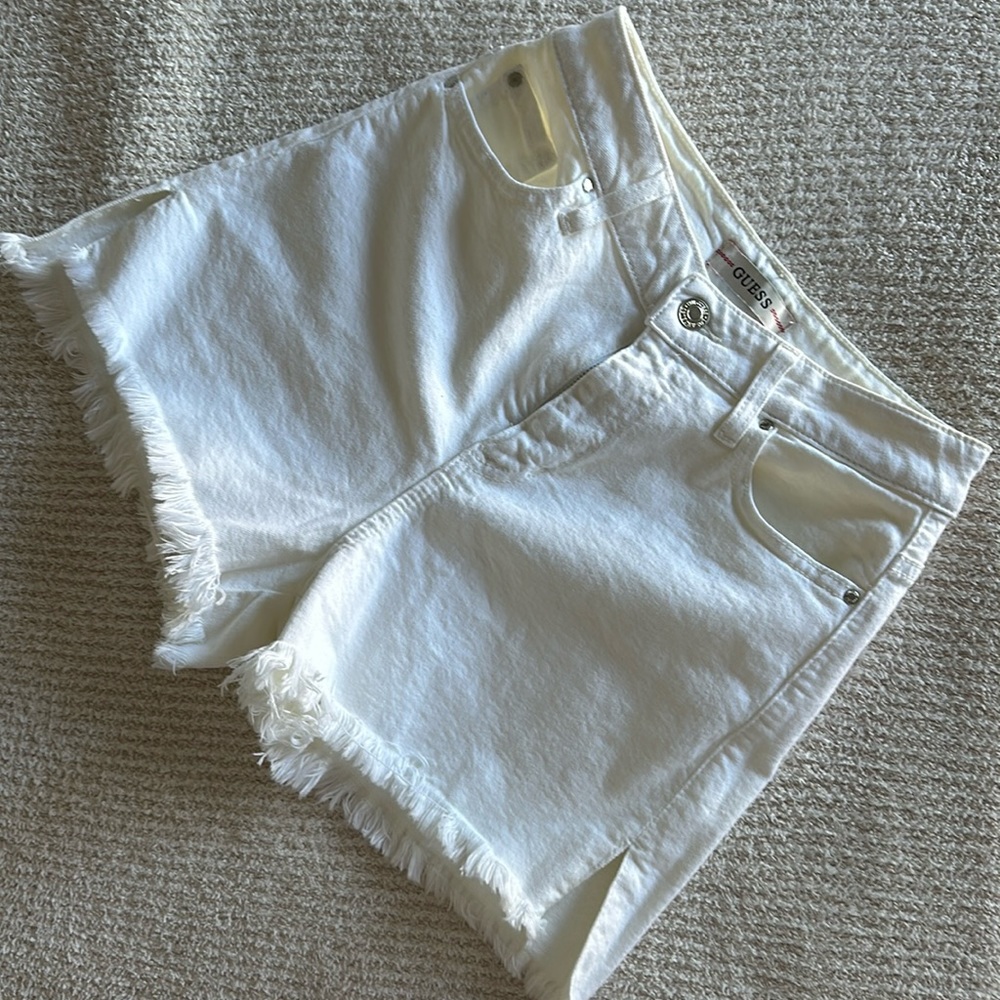 Guess cream/white fringe denim shorts
